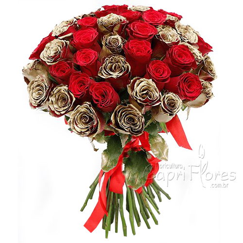 ♥ Buquê de Rosa Vermelha com Rosas Douradas