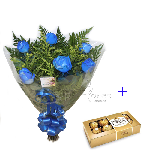 ♥ Buquê de Rosas Azul + Ferrero Rocher