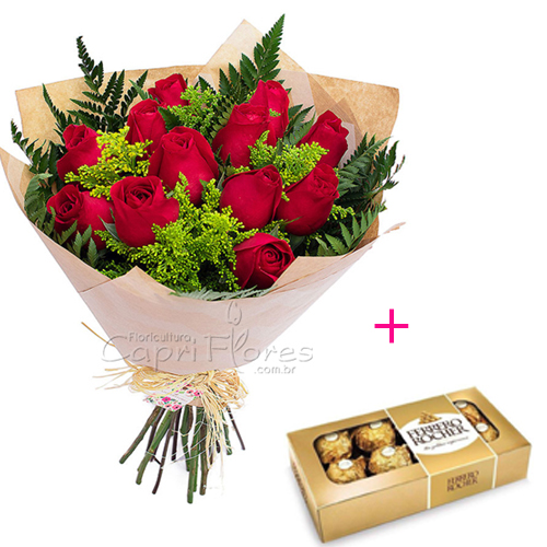 ♥ PROMOÇÃOOO!!   Buquê com 10 Rosas Vermelhas + Ferrero Rocher