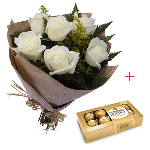 ♥ Buquê com Meia Dúzia de Rosas Brancas + Ferrero Rocher